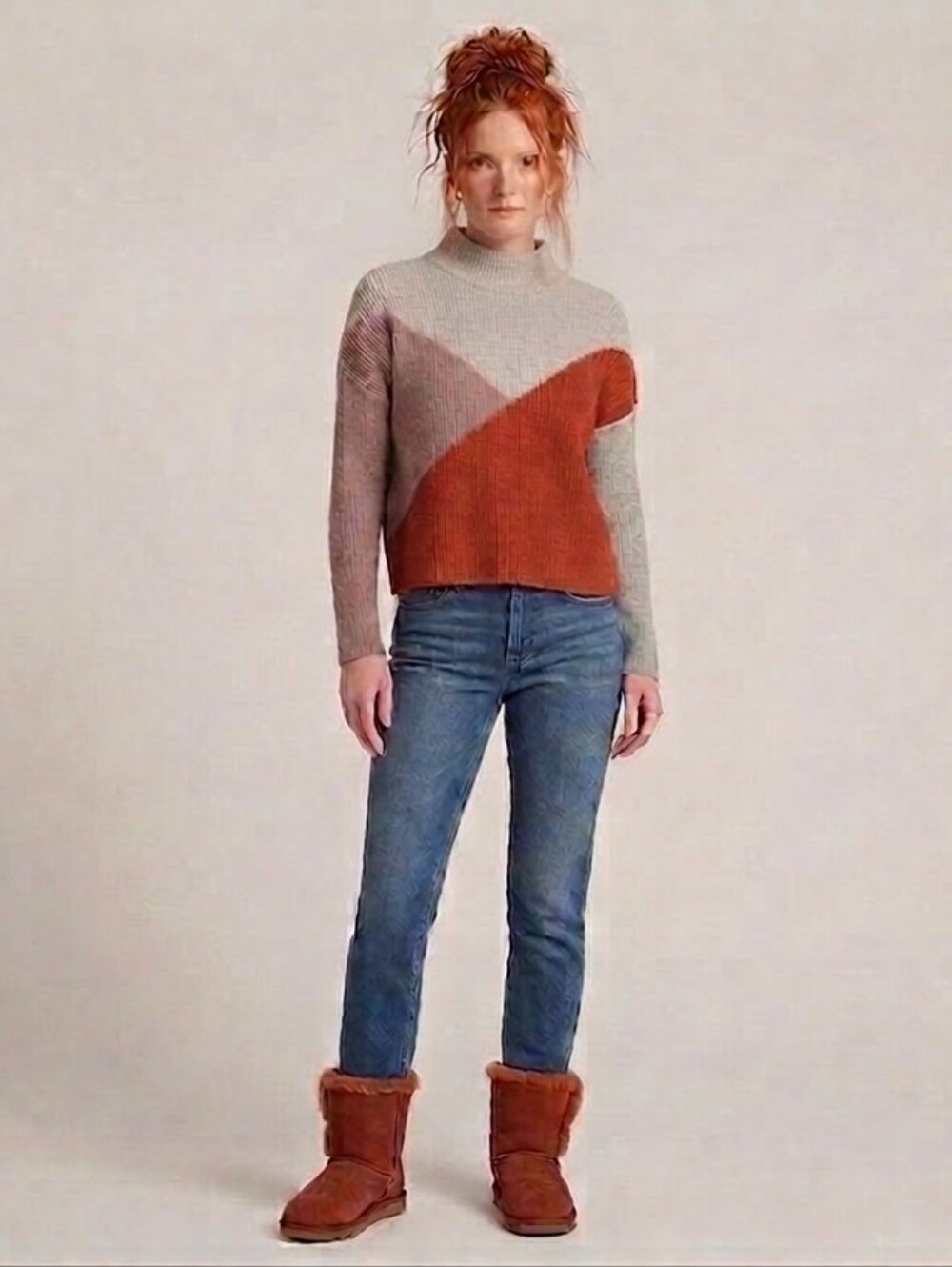 Colorblock Crewneck Sweater - Rust, Mauve & Cream L So Cozy